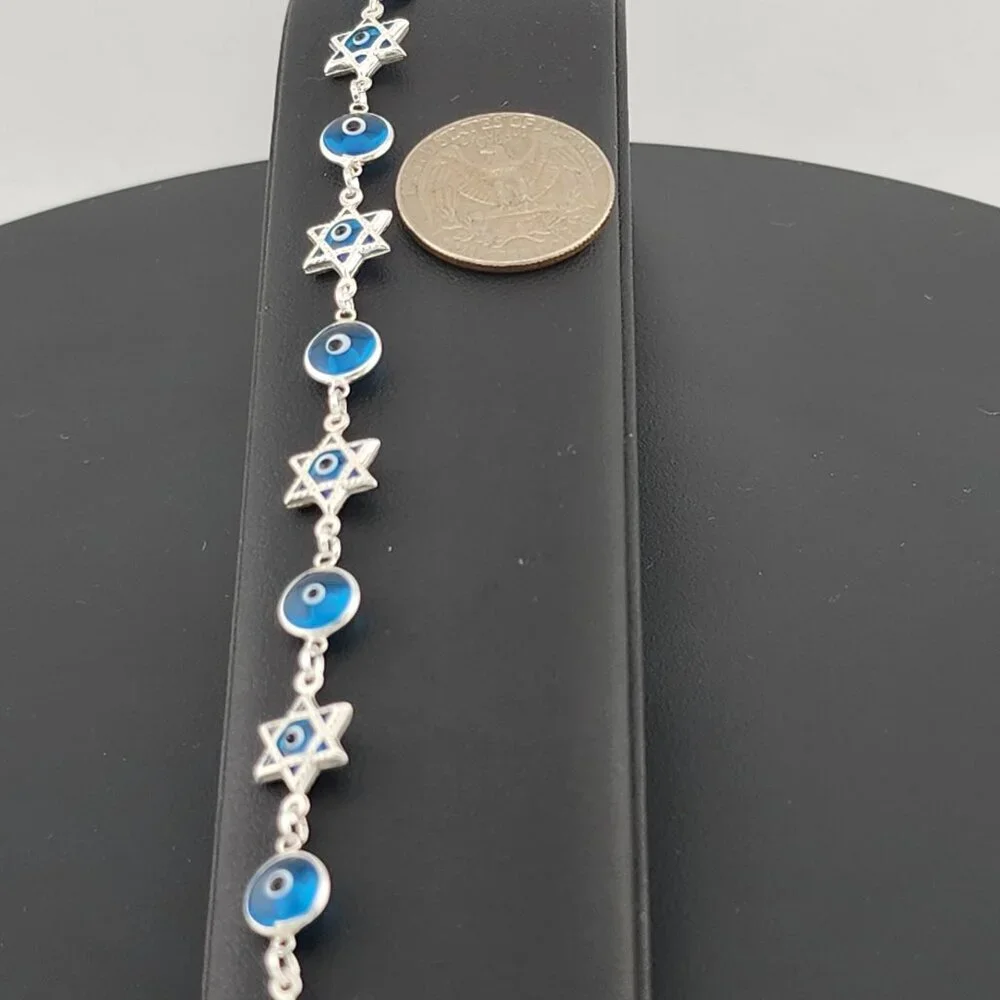 Sterling Silver 925 Multi Round & Star Evil Eye Bracelet – Protection & Style - Picture 13 of 13